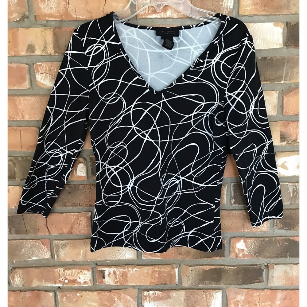 The Limited Women’s Black and White Print 3/4 Sleeve V-Neck Crop Top XS